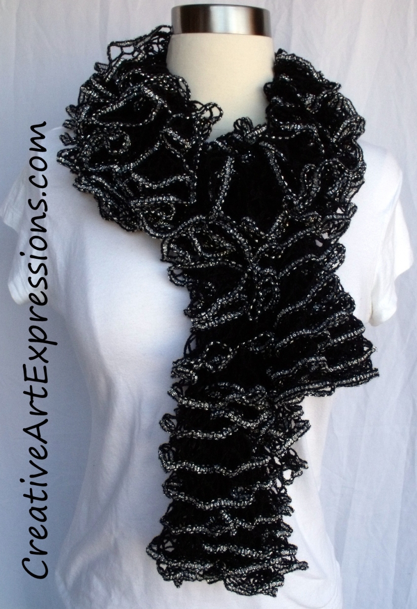 Creative Art Expressions Hand Knit Black & Silver Ruffle Scarf